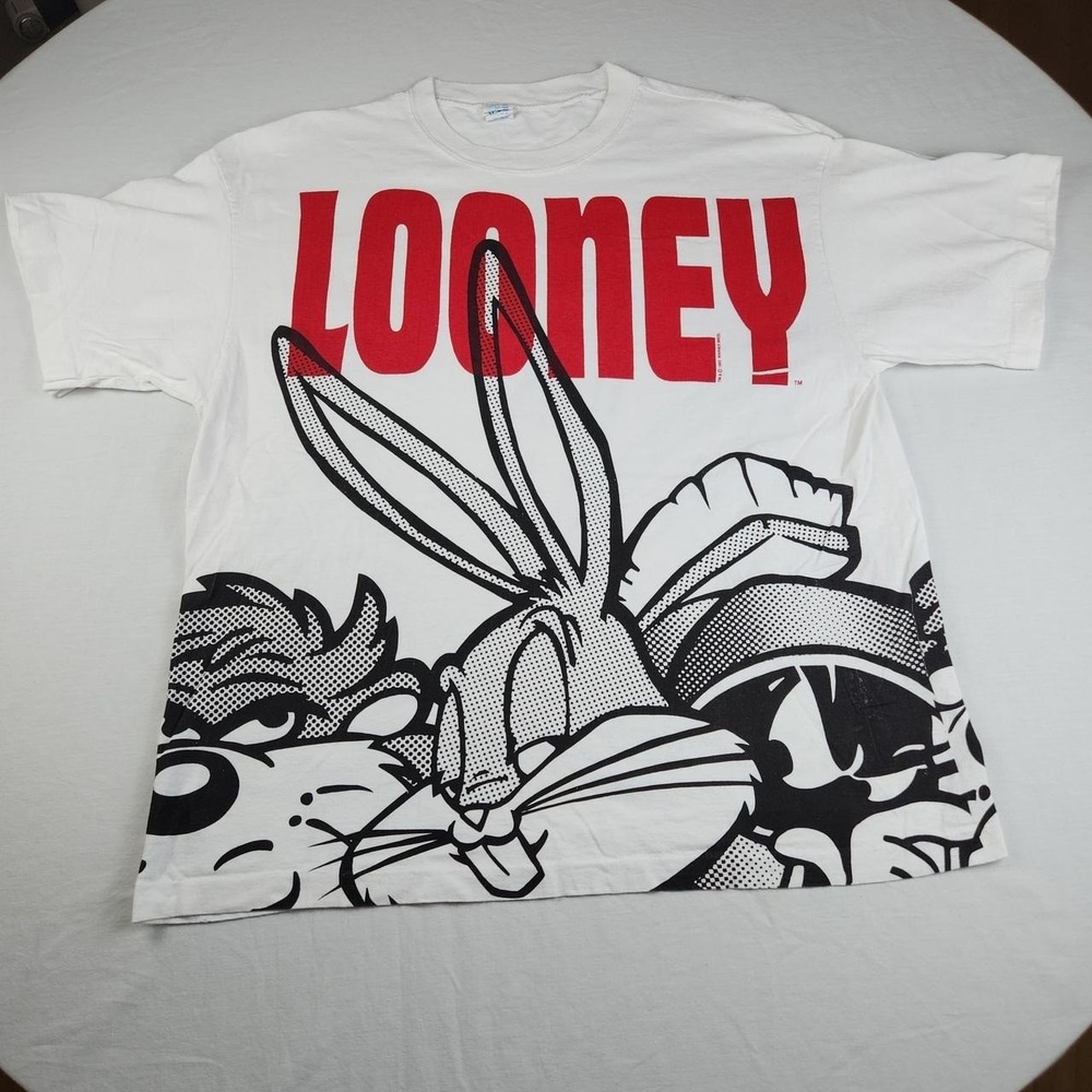 Vintage 1993 Looney Tunes AOP T-Shirt XL Single Stitch Bugs Bunny Taz White